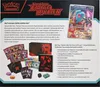 A display of a Pokemon Top Trainer Box and its contents, including booster packs, a promo card, card sleeves, dice, and other accessories. Produktbild-Vorschau