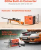 The image shows a PCP air compressor being used in two different scenarios: home use with a power socket and outdoor use with a car battery. A rifle is shown in both scenarios. Podgląd zdjęcia produktu