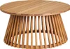 A round, low coffee table made of wood with a slatted design. Produktbild-Vorschau