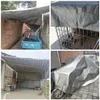 A collage of four images showing tarps used to cover various items outdoors, including a truck, a dog crate, a sheltered area, and a motorcycle. Produktbild-Vorschau
