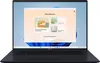 A laptop displaying a Windows 11 interface with various interactive cards. Produktbild-Vorschau
