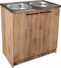 A kitchen sink cabinet with a wooden finish and stainless steel sinks. Náhled obrázku produktu