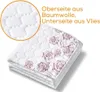 A folded white heated blanket with a rose pattern, with a close-up inset showing the quilted texture. Produktbild-Vorschau