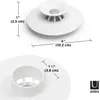 Two views of a white drain stopper and hair catcher with dimensions indicated. Voir les images du produit