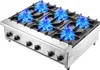 A commercial gas stove with six burners, all lit with blue flames, shown from a diagonal angle. Voir les images du produit