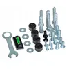 A collection of hardware and tools, including screws, bolts, washers, wall plugs, a wrench, and a small spirit level, arranged on a white background. Produktbild-Vorschau