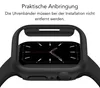 A close-up of a black protective case for an Apple Watch, showing the watch face with a black background and white clock hands. Text is present above the watch. Produktbild-Vorschau