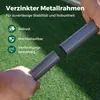 Hands connecting two grey metal tubes, with text overlays describing product features. Produktbild-Vorschau