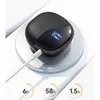 A black wireless earbud charging case is shown on a white circular stand, connected by a white USB-C cable. Three circular icons with numbers indicating hours (6h, 58h, 1.5h) are displayed below the case. Produktbild-Vorschau