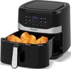 A black digital air fryer with a basket containing cooked food, placed on a light gray background. Produktbild-Vorschau