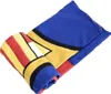 A folded fleece blanket with a blue, yellow, red, and black pattern. Produktbild-Vorschau