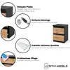Collage illustrating features of a black and wood-grain nightstand, including its plate material, assembly, quality accessories, and easy care. A product image of the nightstand is also included. Produktbild-Vorschau