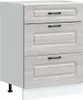 A three-drawer kitchen base cabinet with a gray Sonoma wood effect finish and black handles, shown against a white background. Náhľad obrázku produktu