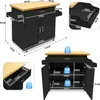 Multiple views of a black kitchen cart with a wooden top, showing dimensions and internal compartments. Náhled obrázku produktu