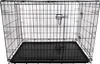 A black metal dog crate with a dark gray plastic tray, shown from the front. Voir les images du produit