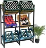 A multi-tiered metal shelving unit displaying various beverages and produce, with a potted plant to the side. Produktbild-Vorschau