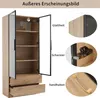 A product image showing a tall cabinet with glass doors and drawers, with close-up insets highlighting features like the smooth surface, hinges, and handles. Text labels point out these features. Voir les images du produit