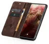 A brown leather flip case for a smartphone, open to reveal the phone screen and card slots. Produktbild-Vorschau