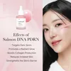 A split image showing a product bottle on the left and a woman applying serum on the right, with text listing product benefits. Voir les images du produit