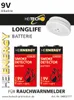 A promotional image for 9V alkaline batteries designed for smoke detectors, featuring two batteries and a smoke detector device. Produktbild-Vorschau