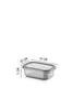 A clear shot of a transparent rectangular food storage container with a gray lid, with dimensions indicated by measurement lines and text. Produktbild-Vorschau
