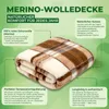 A folded Merino wool blanket with text overlays describing its features. Produktbild-Vorschau