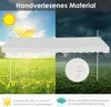 A split image showing a white awning in a sunny field on the left and in the rain on the right, with text overlays describing its features. Anteprima dell’immagine prodotto