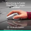 A hand using a Logitech MX Master mouse on a reflective surface, with text overlays. Produktbild-Vorschau