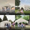 A collage of four images showing a white gazebo tent used in different settings: on a beach, in a park for camping, at a market, and at a wedding. Produktbild-Vorschau