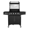 A black gas grill with the lid open, shown from the front on a white background. Produktbild-Vorschau