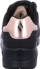 The back view of a black Skechers sports shoe with rose gold accents. Voir les images du produit