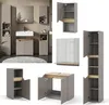 A collage of bathroom furniture components, including cabinets and a vanity base, in a greige and artisan oak finish. Produktbild-Vorschau