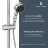 A close-up of a shower head and part of a shower rail, with marketing text overlayed on a dark gray background. Produktbild-Vorschau