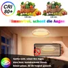 A collage of images showcasing a ceiling light, with text highlighting its features and benefits. Produktbild-Vorschau