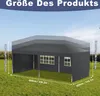 A diagram showing the dimensions of a gray pop-up tent on a grassy field with a blue sky in the background. Náhled obrázku produktu