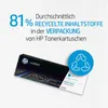 Marketing image showing an HP toner cartridge with text about recycled content and a recycling symbol. Produktbild-Vorschau