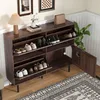 A shoe cabinet with shoes stored inside, placed in a hallway with a rug and a plant. Podgląd zdjęcia produktu