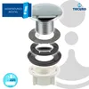 An exploded view of a faucet hole plug and its components, with branding and instructional text. Produktbild-Vorschau