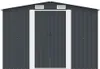 A front view of a dark grey metal shed with white trim and double doors. Náhled obrázku produktu