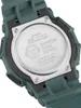 The back of a green Casio G-Shock watch, showing the case back with branding and specifications. Produktbild-Vorschau