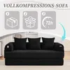 A black sofa with three pillows is shown in a room. Above the sofa, there are three graphic icons illustrating a process. Produktbild-Vorschau
