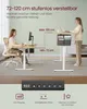 Two people are using height-adjustable desks in an office setting, with text overlays highlighting product features. Produktbild-Vorschau