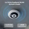 A white fisheye camera is mounted on a ceiling, with blue concentric circles indicating Wi-Fi signal strength. Produktbild-Vorschau