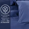 Close-up of blue bedding with a graphic overlay highlighting material composition. Produktbild-Vorschau