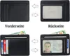 A collage showing the front and back of a black leather cardholder, with and without cards and an ID inserted. Produktbild-Vorschau