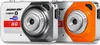 Two mini digital cameras, one in white and gray, the other in white and orange, are shown side-by-side against a white background. Produktbild-Vorschau