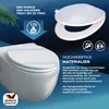 A marketing image showcasing a white toilet seat on a toilet, with text highlighting its features and quality. Anteprima dell’immagine prodotto