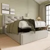 A bedroom scene with a bed featuring storage, artwork on the wall, and a window. Produktbild-Vorschau