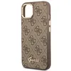 A side view of a brown iPhone case with a repeating Guess logo pattern and a gold trim around the camera opening. Podgląd zdjęcia produktu