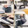A collage of four images showcasing different features of a steam ironing station. Produktbild-Vorschau